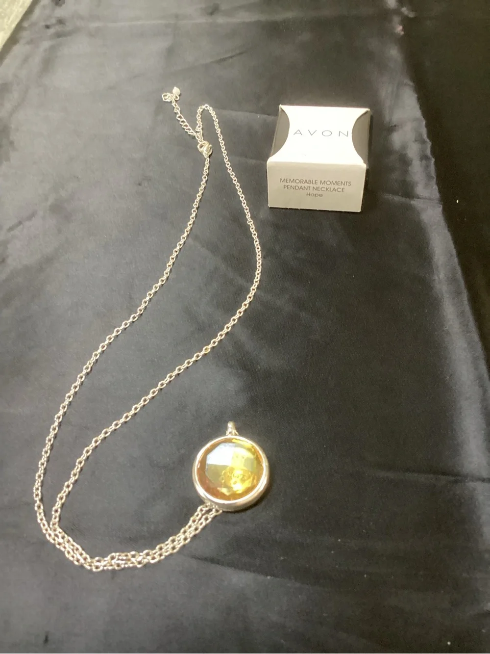 Avon Gold-Tone HOPE Round Pendant Necklace with Yellow Faceted Center